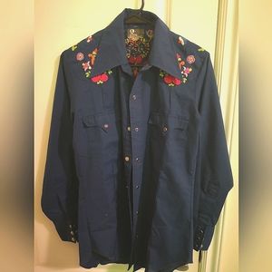 Vintage Western shirt. Navy Blue, Pearl snap button.